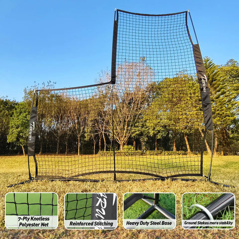 Baseball And Softball Pitching Screen L Screen 7x7 Ft With Beefed Up Frame Heavy Duty Pitcher Protection Net installed on grass