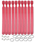 Grab These Straight Up Smooth Vegetable Tanned Leather Keychain Blanks 10 Pack Diy Craft Kit With Solid Rings And Rivets, includes red cowhide blanks and metal rings.
