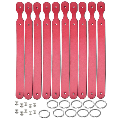 Grab These Straight Up Smooth Vegetable Tanned Leather Keychain Blanks 10 Pack Diy Craft Kit With Solid Rings And Rivets, includes red cowhide blanks and metal rings.