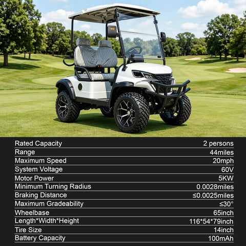 Top Shelf Two Seater Electric Golf Cart With 5kW Motor And 60V Battery Serving 20 Mph Cruising Speed Over 44 Mile Range rock solid suspension on golf course.
