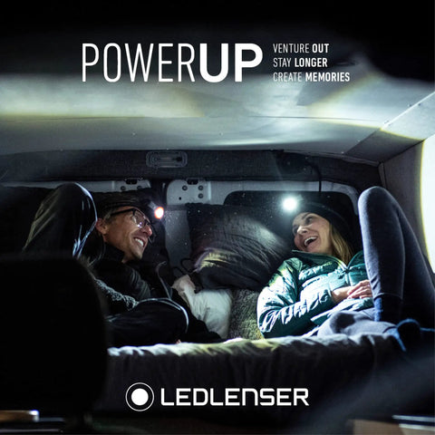 Couple using Rechargeable Lightweight Headlamp With 200 Lumen Output For Outdoor Adventures inside van, smiling and relaxed.