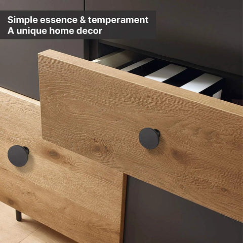 Open wooden drawer with Ten Pack Matte Black Round Cabinet Knobs For Cabinets, Drawers, Cupboards, Solid Zinc Alloy, 1-1/4 in diameter, 1 in projection.