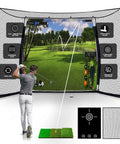 Indoor Outdoor Golf Cage With Impact Screen 10x8 Ft Hitting Net, golfer swinging, practice mat and simulator in garage setup