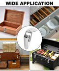 4 Pack Stainless Steel Spring Loaded Toggle Latches With Mounting Screws For Cabinets Tool Boxes Chests Barn Doors And Wooden Cases Built Tough For Everyday Use shown in various applications including wooden box and BBQ grill