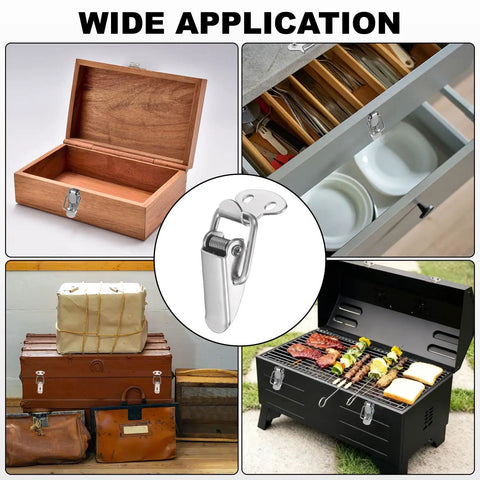 4 Pack Stainless Steel Spring Loaded Toggle Latches With Mounting Screws For Cabinets Tool Boxes Chests Barn Doors And Wooden Cases Built Tough For Everyday Use shown in various applications including wooden box and BBQ grill