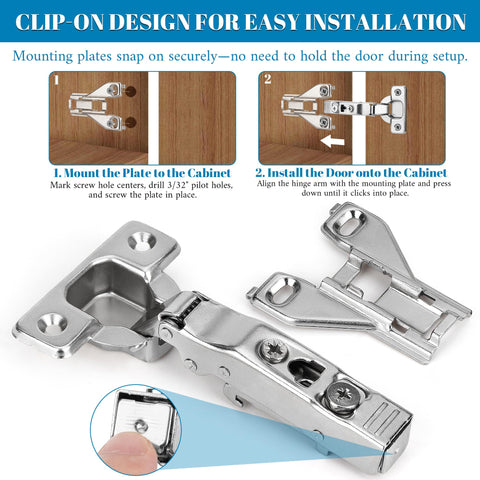 Installation guide for 10 Pack Half Inch Overlay Soft Close Cabinet Hinges With 105 Degree 3D Adjustable Clip On Concealed Cupboard Hinges For Kitchen Cabinet Doors Includes Screws