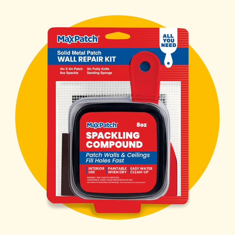 No Fuss All In One Drywall Repair Kit With 8 Oz Spackling Compound 4 Inch By 4 Inch Adhesive Metal Patch Spackling Knife And Sanding Pad