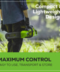 Powerhouse 40V Brushless Cordless Chain Saw With Heavy 16 Inch Bar And Included Battery Pack Straight Out The Box, lightweight design held by a person.