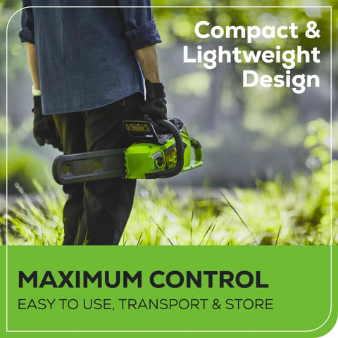 Powerhouse 40V Brushless Cordless Chain Saw With Heavy 16 Inch Bar And Included Battery Pack Straight Out The Box, lightweight design held by a person.