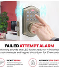 Keyless Entry Door Lock With Smart Electronic Keypad Deadbolt 50 User Codes Auto Lock Alarm After Four Incorrect Attempts Easy Install No Brainer Front Door Security Upgrade Antique Brass Finish showing backlit keypad and failed attempt alarm