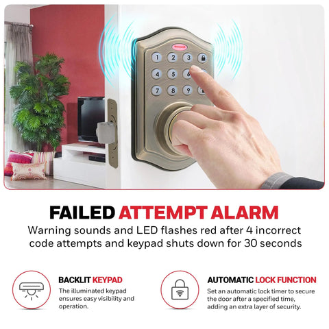 Keyless Entry Door Lock With Smart Electronic Keypad Deadbolt 50 User Codes Auto Lock Alarm After Four Incorrect Attempts Easy Install No Brainer Front Door Security Upgrade Antique Brass Finish showing backlit keypad and failed attempt alarm