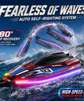 LED Light RC Boat With Dual Brushless Motors, 2 Batteries, 25 KMH Dope Fast Remote Control Racer on water 180 degree recovery