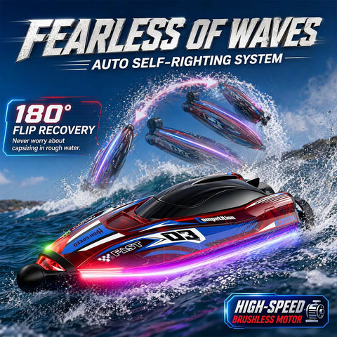 LED Light RC Boat With Dual Brushless Motors, 2 Batteries, 25 KMH Dope Fast Remote Control Racer on water 180 degree recovery