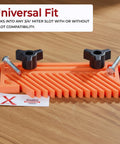 Rock Solid Table Saw Featherboard Replacement For 71553 Fence Keeps Timber Dead Nuts Secure Pack Of 2 Orange Polymer Workpiece Clamp Mounts With Height Adjustment Knobs And Hex Hardware on wooden surface, featuring two adjusting knobs.