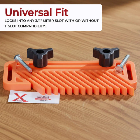 Rock Solid Table Saw Featherboard Replacement For 71553 Fence Keeps Timber Dead Nuts Secure Pack Of 2 Orange Polymer Workpiece Clamp Mounts With Height Adjustment Knobs And Hex Hardware on wooden surface, featuring two adjusting knobs.