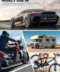 20 Inch Tire Inflator Hose Adapter With Lock On Air Chuck For Presta And Schrader Valves Converting Nuts Included Ideal For Air Compressors And Tire Pumps Twist On To Lock On Conversion For Cars Bikes Trucks with images of car, motorcycle, RV, and bicycle.