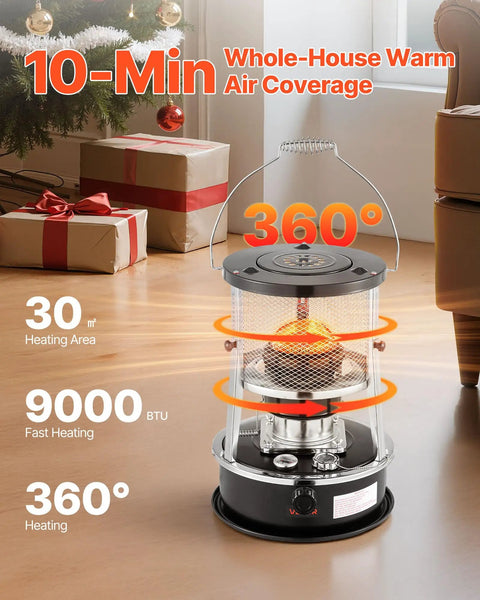 9000 BTU Kerosene Heater And Stove 2 In 1 Non Electric Indoor Outdoor Heater with flame control, in a living room