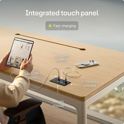 Rock Solid Electric Standing Desk Gliding Smoothly On Ultra Quiet Quad Motors Sixty Three Inch Worktop with touch panel and dual USB-C ports