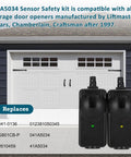 Universal Garage Door Safety Sensor Kit 41A5034 with sensors in front of a garage door, fits openers made after 1997.