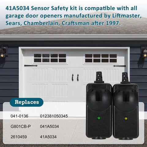 Universal Garage Door Safety Sensor Kit 41A5034 with sensors in front of a garage door, fits openers made after 1997.