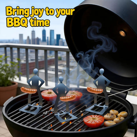 Funny Man Shaped Hot Dog Holder For Grilling Hands Free Stainless Steel Sausage Stand on grill with city backdrop