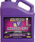 Bottle of Wizards Mystic Cut compound, 1 gallon purple container with yellow cap, designed for fast cutting action and gloss finish.