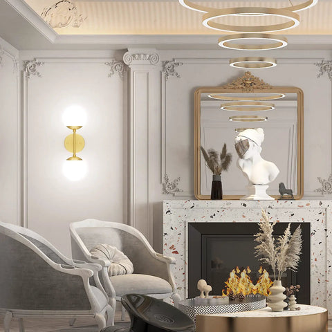 Gold Globe Wall Sconce With Two Lights, Mid Century Modern Globe Wall Light For Living Room Bedroom Hallway Restaurant Stairs And Bathroom, 6000K G9 Bulbs Included mounted on elegant living room wall.