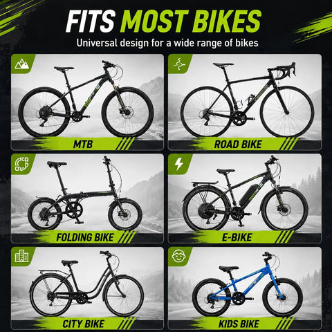 Chart showing Ride Ready Waterproof Bike Handlebar Bag for various bikes including MTB, road, folding, e-bike, city, and kids bikes.