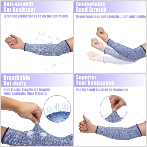 5 Pack Cut Resistant Arm Sleeves With Thumb Hole Guards For Gardening, Farming, Welding And Pet Grooming, detailed features shown.