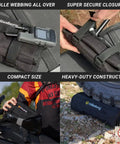 Compact Roll Up Motorcycle Tool Bag With MOLLE Strap For Grab-And-Go Kit shown secured on motorcycle and dirt bike