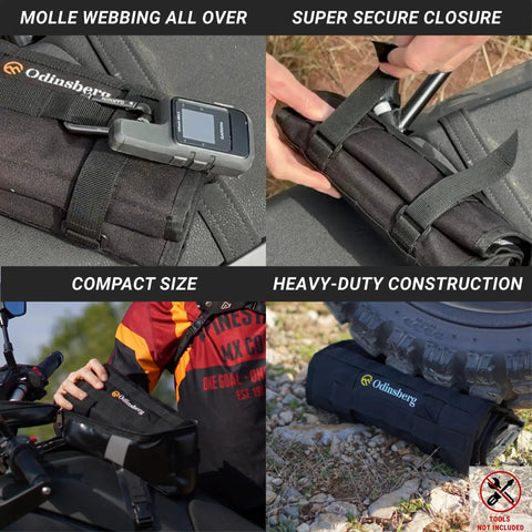Compact Roll Up Motorcycle Tool Bag With MOLLE Strap For Grab-And-Go Kit shown secured on motorcycle and dirt bike