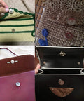 Image of 20-Set 3/4 Inch Magnetic Button Snaps Kit for purses and bags, installed on various fabrics, showcasing antique brass fasteners.
