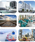 Collage of modern living room, office building, railway track, factory machinery, cargo ship, and industrial plant.