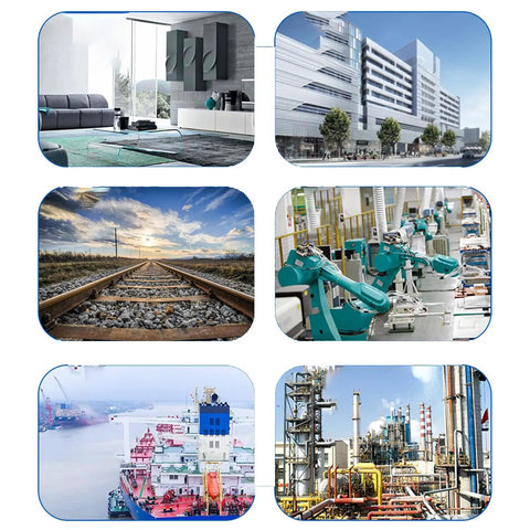 Collage of modern living room, office building, railway track, factory machinery, cargo ship, and industrial plant.