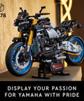Yamaha MT-10 SP Motorcycle Model Kit For Adults 18 Plus on display stand, side view showing detailed structure, 1478 pieces