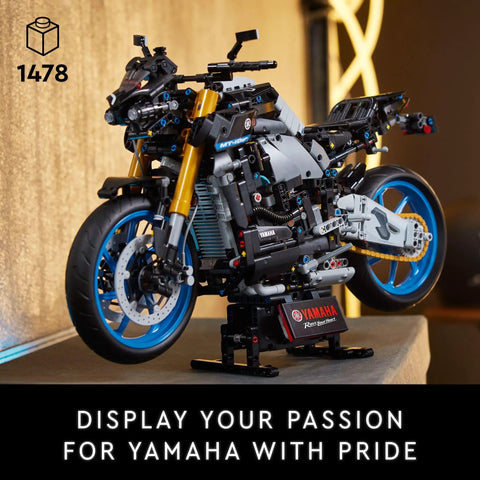 Yamaha MT-10 SP Motorcycle Model Kit For Adults 18 Plus on display stand, side view showing detailed structure, 1478 pieces