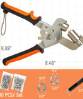 Grommet Tool Kit With 200 Pcs 3/8 Inch Silver Grommets Magnetic Hand Press Punching Tool with ergonomic handles shown with dimensions.