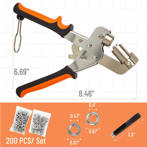 Grommet Tool Kit With 200 Pcs 3/8 Inch Silver Grommets Magnetic Hand Press Punching Tool with ergonomic handles shown with dimensions.