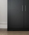 Close-up of Boss Black Wood Storage Cabinet With Four Doors And Adjustable Shelves, showcasing its texture and handle design.