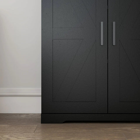 Close-up of Boss Black Wood Storage Cabinet With Four Doors And Adjustable Shelves, showcasing its texture and handle design.