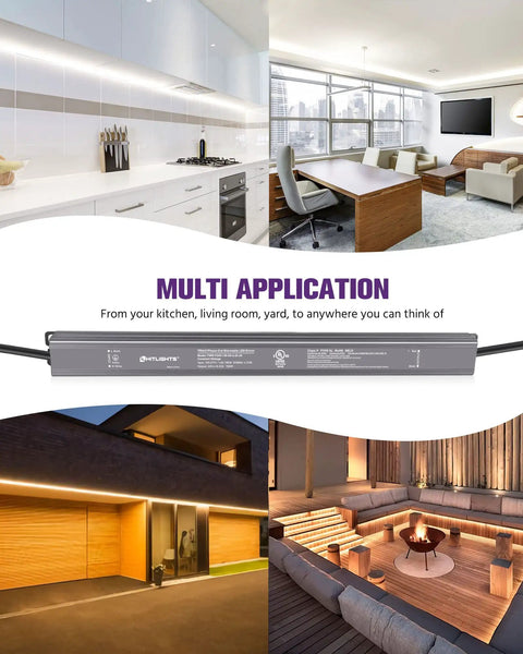 150W LED Dimmer Driver Power Supply shown with kitchen, living room, outdoor deck, and architectural lighting applications.