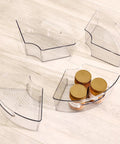 Clear Plastic Lazy Susan Cabinet Storage Bins Set Of 4 Quarter Wedge Containers displaying canned goods on wooden floor