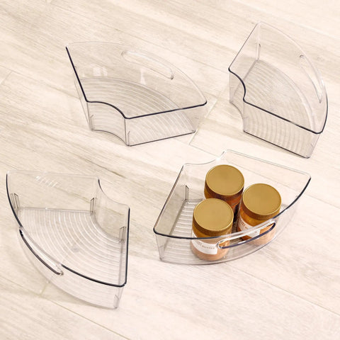 Clear Plastic Lazy Susan Cabinet Storage Bins Set Of 4 Quarter Wedge Containers displaying canned goods on wooden floor