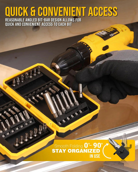 49 Piece S2 Steel Screwdriver Bit Set With Magnetic Driver in yellow non-slip box on workspace with drill visible