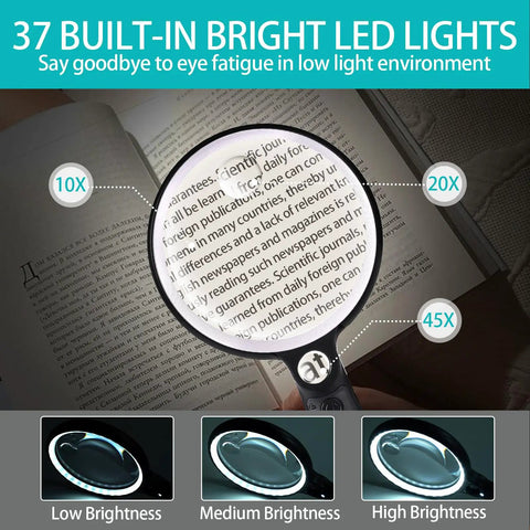 Ultra Bright Handheld Magnifier With 37 LED Lights, 10X 20X 45X Zoom showing text clarity on an open book, with brightness options.