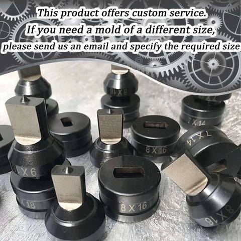 Square Hole Punch Die Set For CH-70 Hydraulic Punching on display, featuring various sizes, including 10x10mm, made from alloy steel.