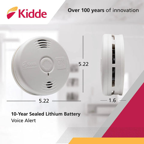Side and front view of Smarter Smoke Alarm With 10 Year Battery And Photoelectric Sensor White Finish Battery Powered Smoke Detector For Smoldering Fires No Fuss Battery Replacements For A Decade End Of Life Chirp Alerts You.