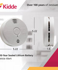 Wire-Free Interconnect Photoelectric Smoke Alarm With 10-Year Lithium Battery, side and front view dimensions shown.