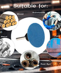 150 Pcs 2 Inch Sanding Discs 120 Grit for die grinder, shown with applications on wood, metal, paint, and rust burr removal.