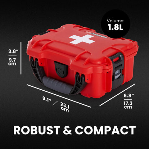 NANUK 903 red waterproof first aid box, front view, rugged medical organizer case with IP67 rating and 1.8L capacity.